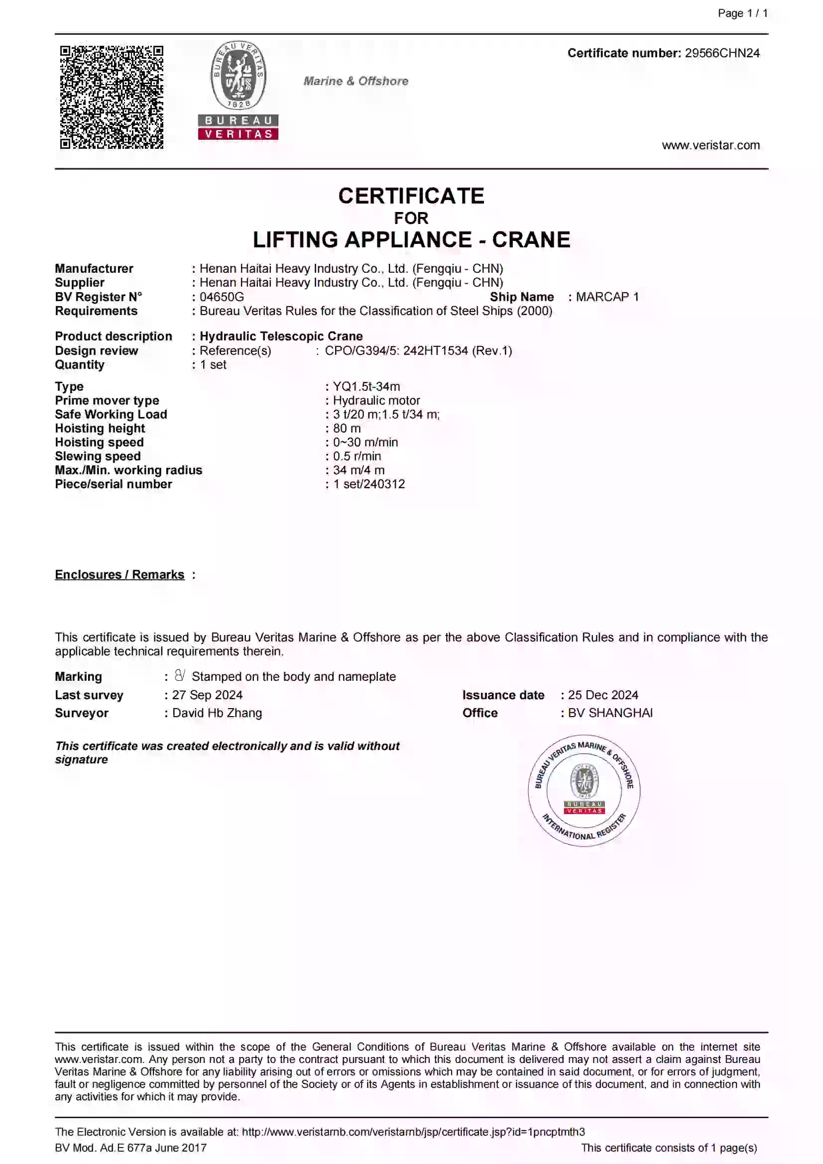 OHSMS Certificate for Crane Manufacturing - ISO 45001:2018 Certified (CN-00222S21947R51)
